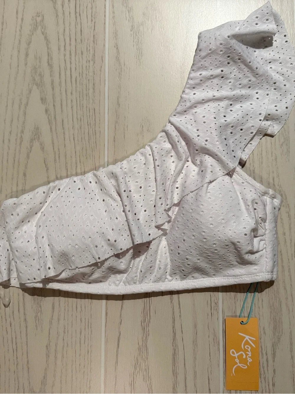 Kona Sol White Eyelet One Shoulder Ruffle‎ Bikini Top NWT
